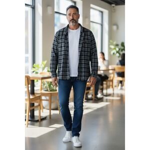 Flyshacker Mens XL Long Sleeve Plaid Flannel Button Down Shirt Black Blue White